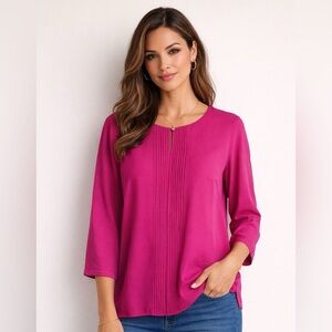 Lands’ End Women’s Fuchsia Pintuck Blouse 
16 Petite 3/4 Sleeve